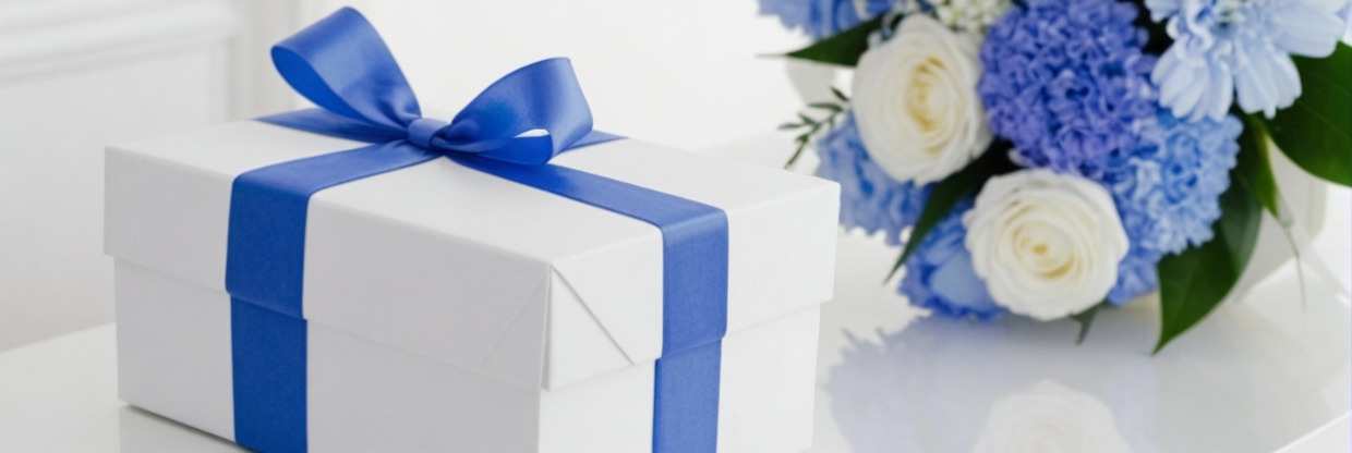 Поздравительный букет с белыми и синими розами и хризантемами рядом с подарочной коробкой. Праздничная и элегантная композиция.